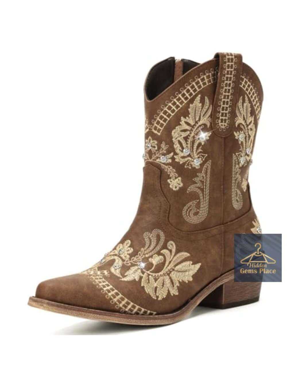 Women's Western Embroidered Cowgirl Boots - Rhinestone Pointed Toe Chunky Heel
